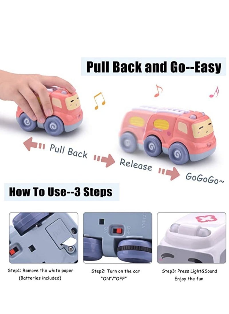 Cartoon Cars with Lights and Sounds for Toddler Boys and Girls, Set of 4 Puzzle Vehicles for Kids, Includes Police Cars, Fire Trucks, Cabooses and Ambulances