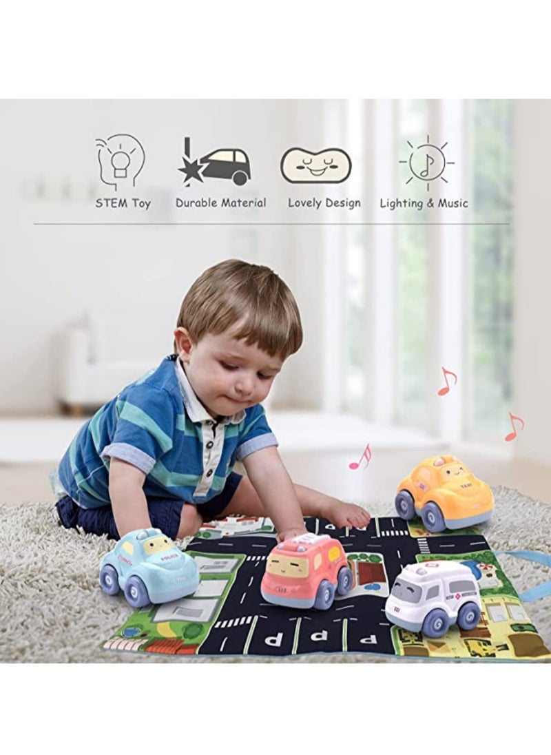 Cartoon Cars with Lights and Sounds for Toddler Boys and Girls, Set of 4 Puzzle Vehicles for Kids, Includes Police Cars, Fire Trucks, Cabooses and Ambulances