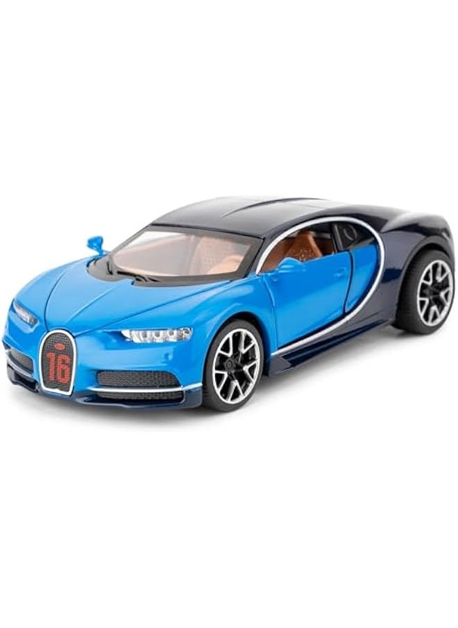 1/32 Scale Alloy Toy Car, Bugatti Chiron Model Car, Toy Car with Pull Back Function, Toy Model with Sound and Bright Lights, Toy Car for 3-8 Years Old (Blue)