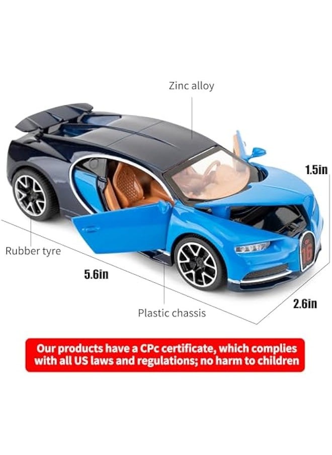 1/32 Scale Alloy Toy Car, Bugatti Chiron Model Car, Toy Car with Pull Back Function, Toy Model with Sound and Bright Lights, Toy Car for 3-8 Years Old (Blue)