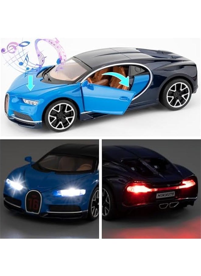 1/32 Scale Alloy Toy Car, Bugatti Chiron Model Car, Toy Car with Pull Back Function, Toy Model with Sound and Bright Lights, Toy Car for 3-8 Years Old (Blue)