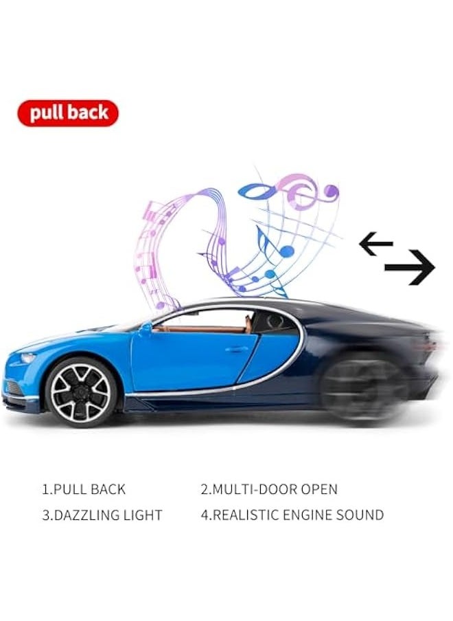 1/32 Scale Alloy Toy Car, Bugatti Chiron Model Car, Toy Car with Pull Back Function, Toy Model with Sound and Bright Lights, Toy Car for 3-8 Years Old (Blue)