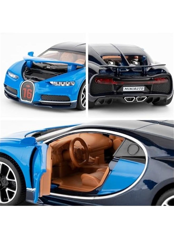 1/32 Scale Alloy Toy Car, Bugatti Chiron Model Car, Toy Car with Pull Back Function, Toy Model with Sound and Bright Lights, Toy Car for 3-8 Years Old (Blue)