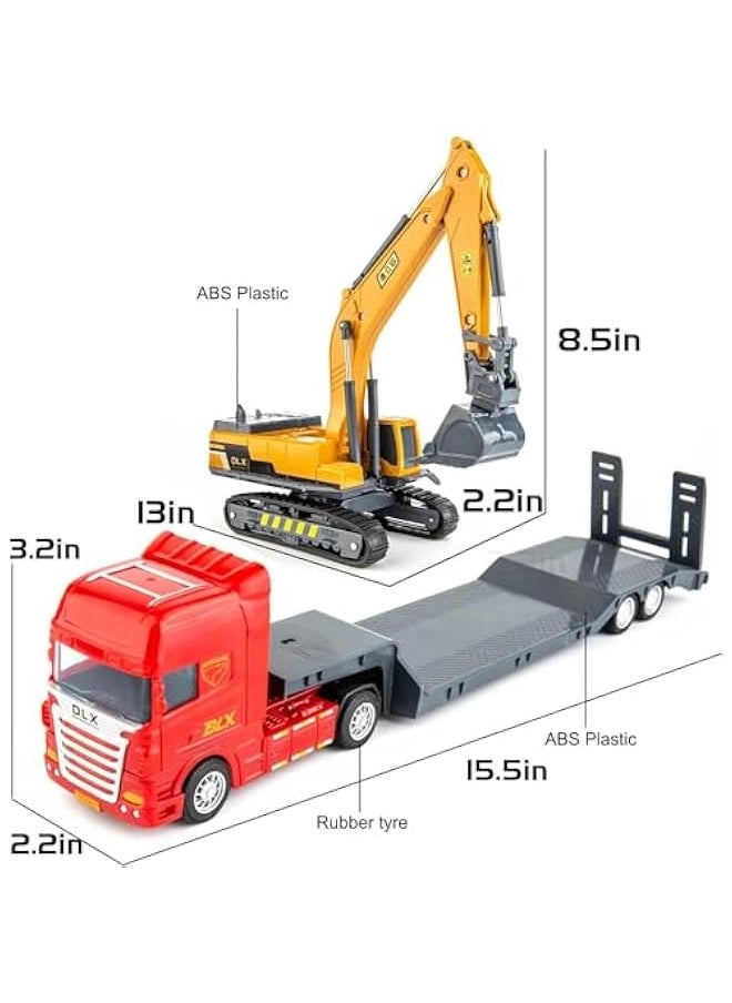 Flatbed Truck Toy with Excavator Tractor-Push and Go Toy Trucks, Construction Trucks for Toddlers,Plastic Toy Truck, Gift for Age 3 and up Kids Toddlers, Random Color