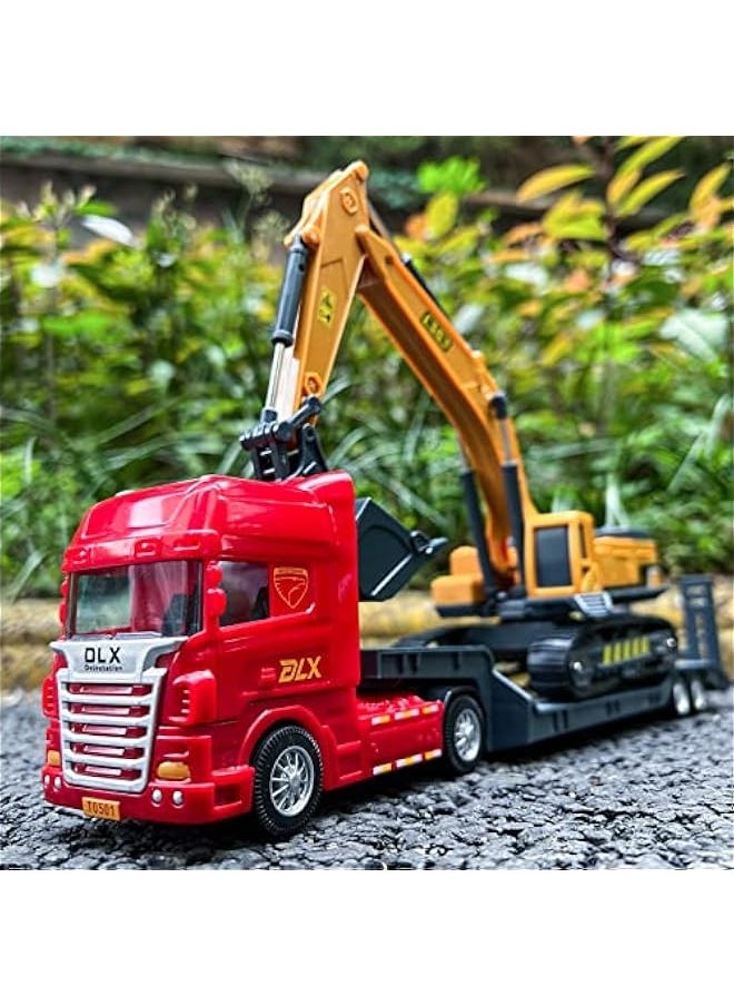 Flatbed Truck Toy with Excavator Tractor-Push and Go Toy Trucks, Construction Trucks for Toddlers,Plastic Toy Truck, Gift for Age 3 and up Kids Toddlers, Random Color