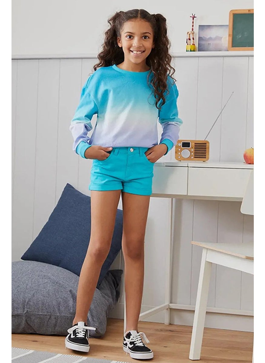 Kids Girl 2 Pcs Plain Shorts, Turquoise