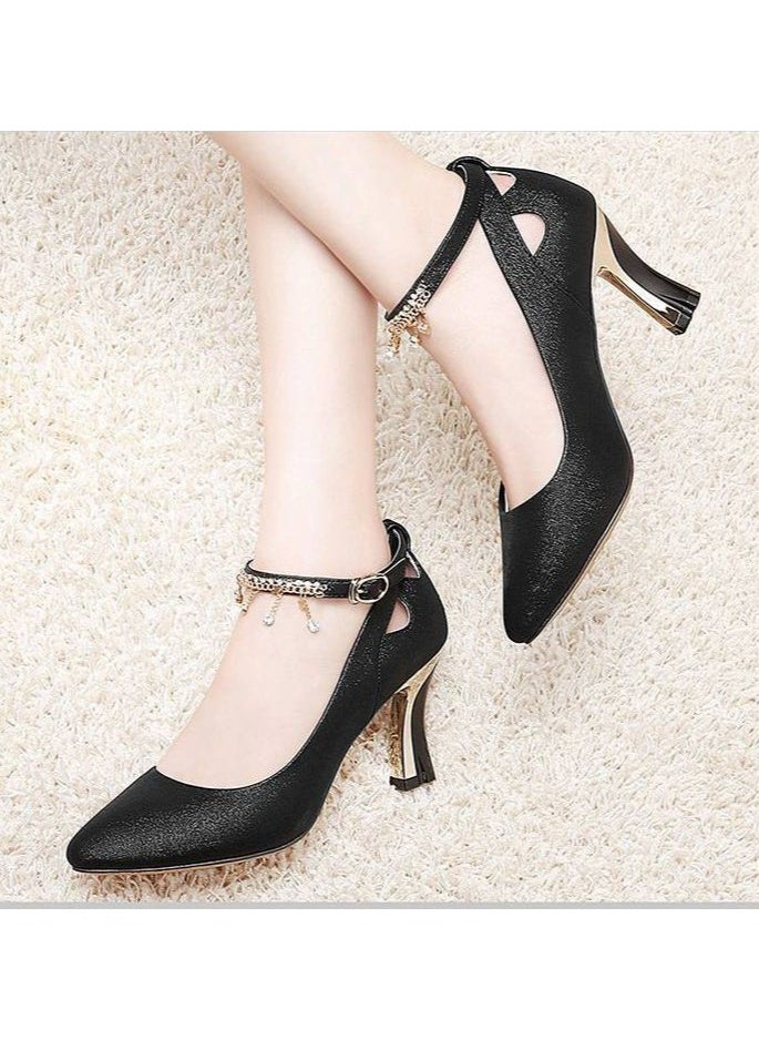 New Korean Versatile Thick Heel Wedding Shoes with Single Button Round Head Women's Shoes