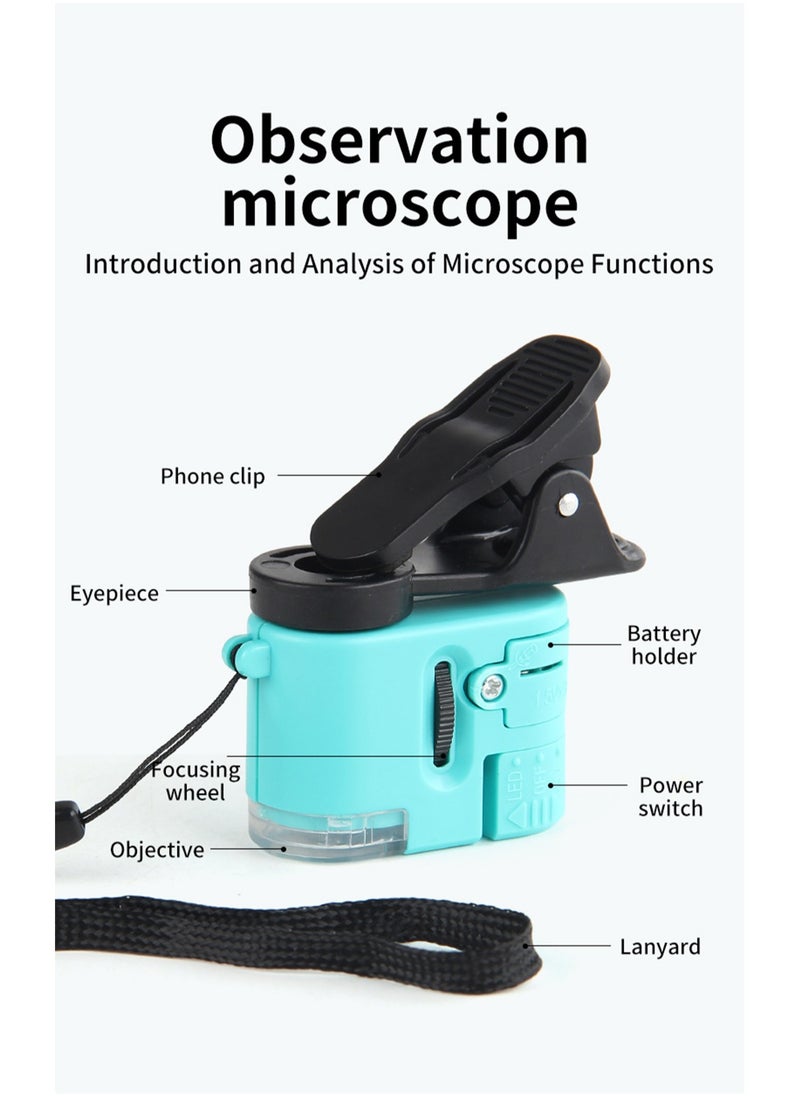 Green Children's Mini Palm Microscope Toy Primary School Student Science Laboratory Microscope (Specimen + Mobile Phone Clip + Rope)