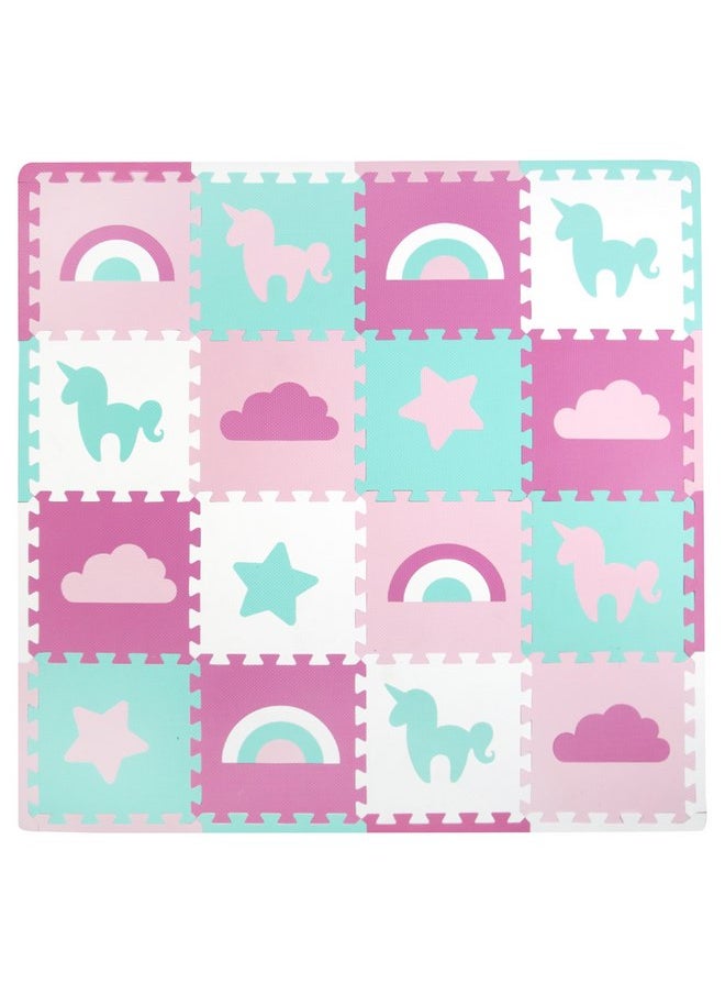 Tadpoles Rainbows and Unicorns Foam Playmats for Kids, 16 Interlocking Foam Tiles, Waterproof, Durable, & Long-Lasting | Total Floor Coverage 50” x 50” | for Ages 3 & Up | Pink, Blue, Purple, & White