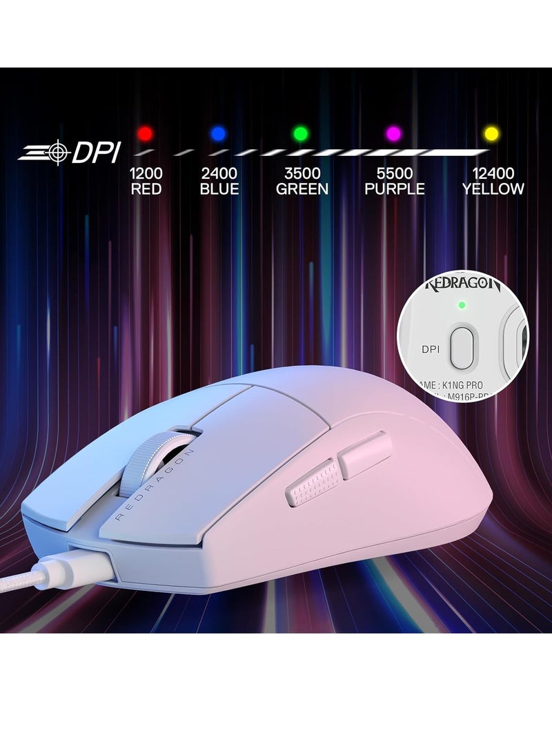K1NG M724 Wired Gaming Mouse, 42G Ultra-Light 12,400 Max DPI Optical Gaming Mouse with 5 Programmable Buttons, Ergonomic Natural Grip Build, Software Supports DIY Keybinds & DPI, White