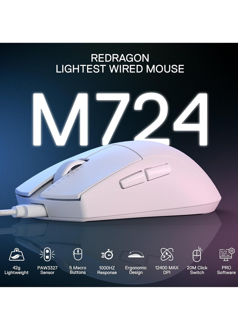 K1NG M724 Wired Gaming Mouse, 42G Ultra-Light 12,400 Max DPI Optical Gaming Mouse with 5 Programmable Buttons, Ergonomic Natural Grip Build, Software Supports DIY Keybinds & DPI, White