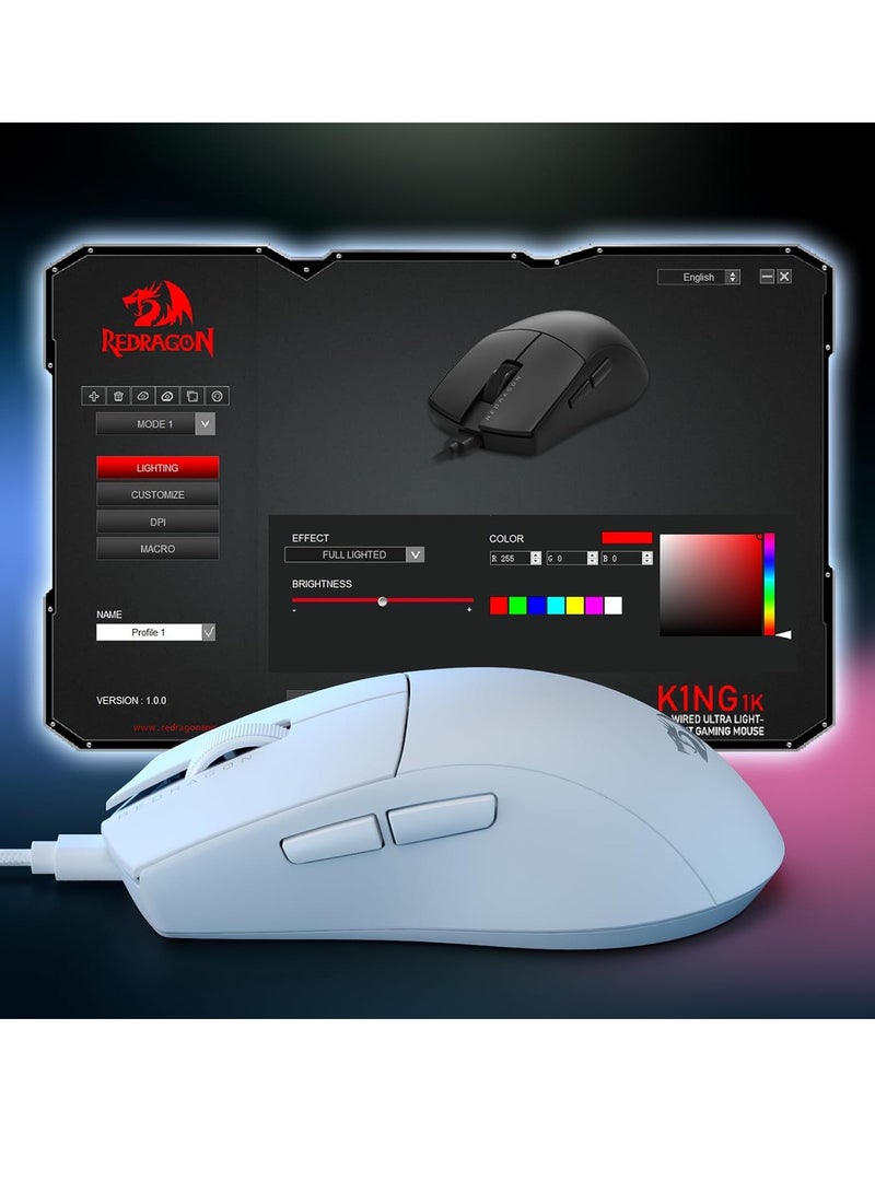 K1NG M724 Wired Gaming Mouse, 42G Ultra-Light 12,400 Max DPI Optical Gaming Mouse with 5 Programmable Buttons, Ergonomic Natural Grip Build, Software Supports DIY Keybinds & DPI, White