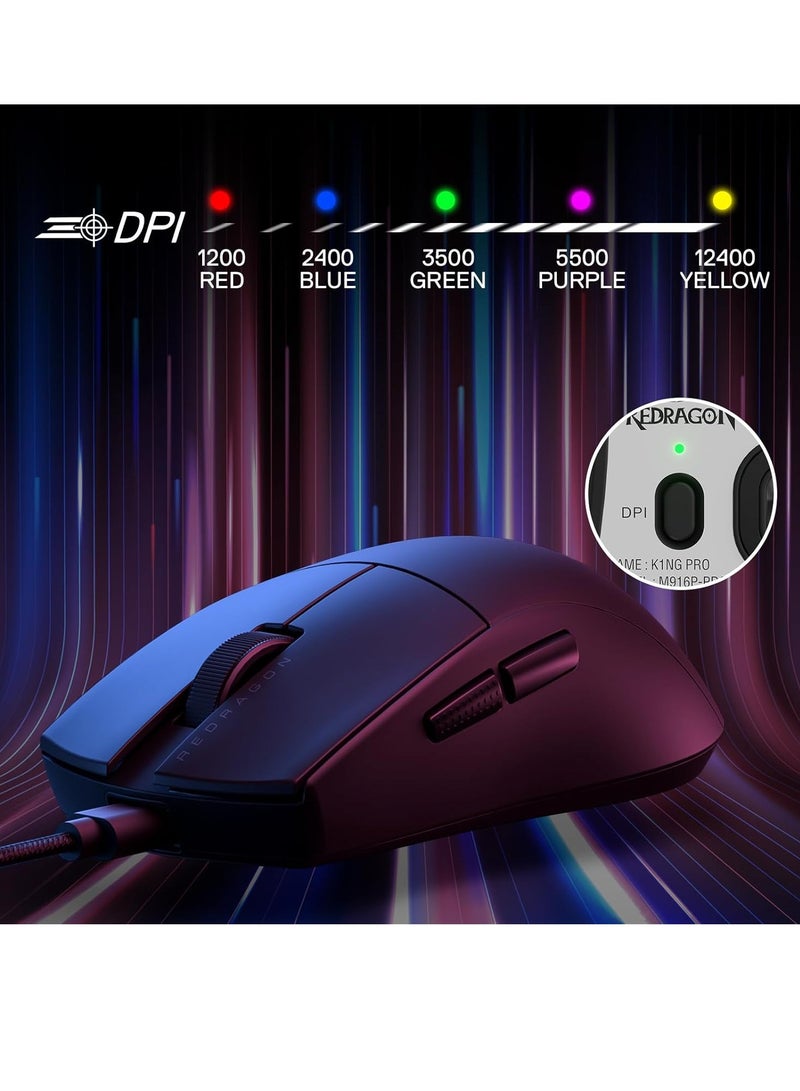 Wired Gaming Mouse M724 , 49G Ultra-Light 12,400 Max DPI Optical Gaming Mouse with 5 Programmable Buttons, Ergonomic Natural Grip Build, Software Supports DIY Keybinds & DPI, Black