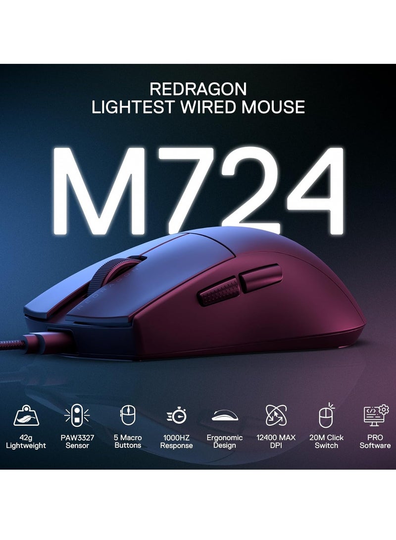 Wired Gaming Mouse M724 , 49G Ultra-Light 12,400 Max DPI Optical Gaming Mouse with 5 Programmable Buttons, Ergonomic Natural Grip Build, Software Supports DIY Keybinds & DPI, Black