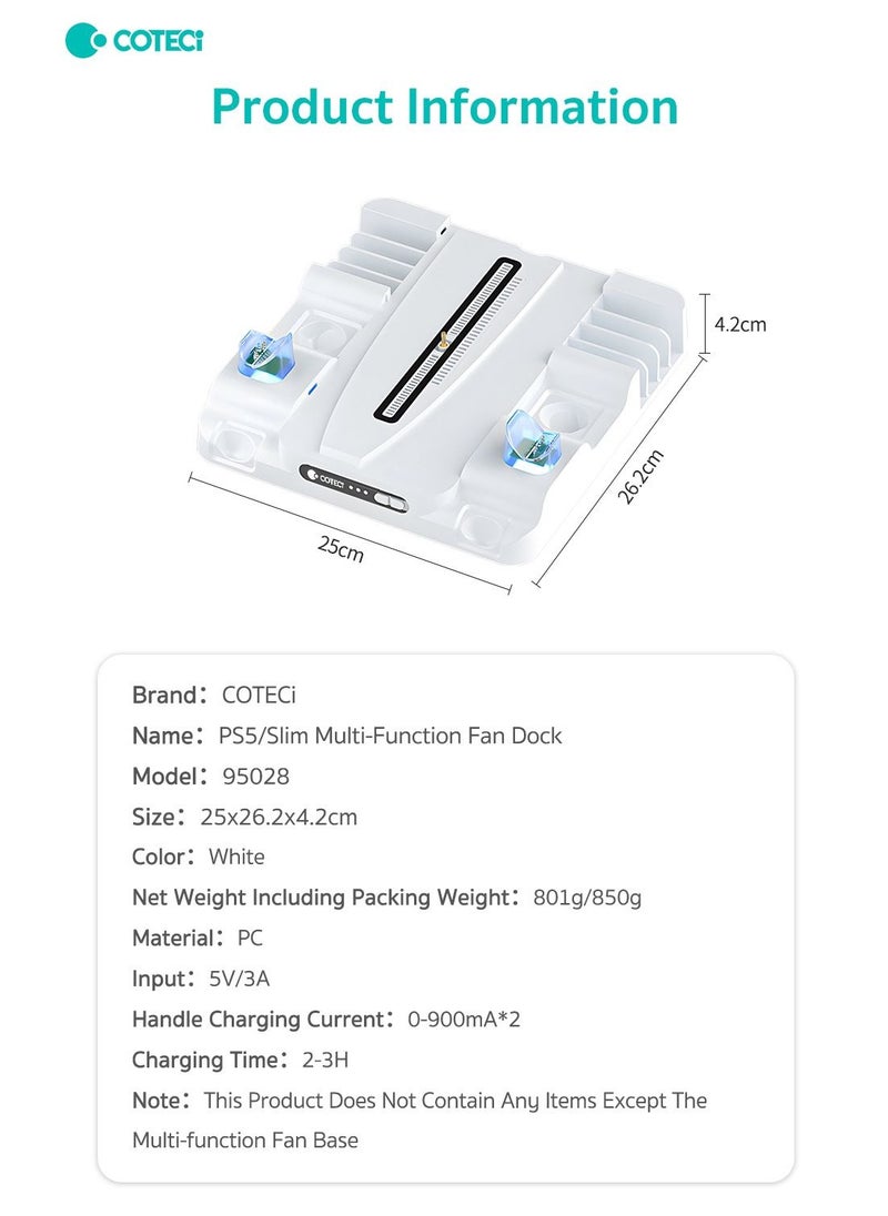 Coteci PS5 Stand Multifunctional Fan Dock Cooling Stand with Controller, Charging Station for Sony Play Station 5 Slim Stand, LED Indicator, White