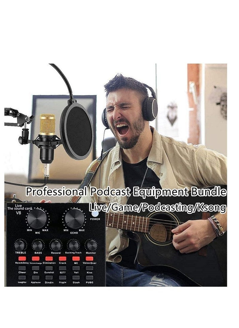 Podcast Equipment Bundle, BM-800 Mic Kit with Live Sound Card, Adjustable Mic Suspension Scissor Arm, Metal Shock Mount and Double-Layer Pop Filter for Studio Recording & Broadcasting (Gold)