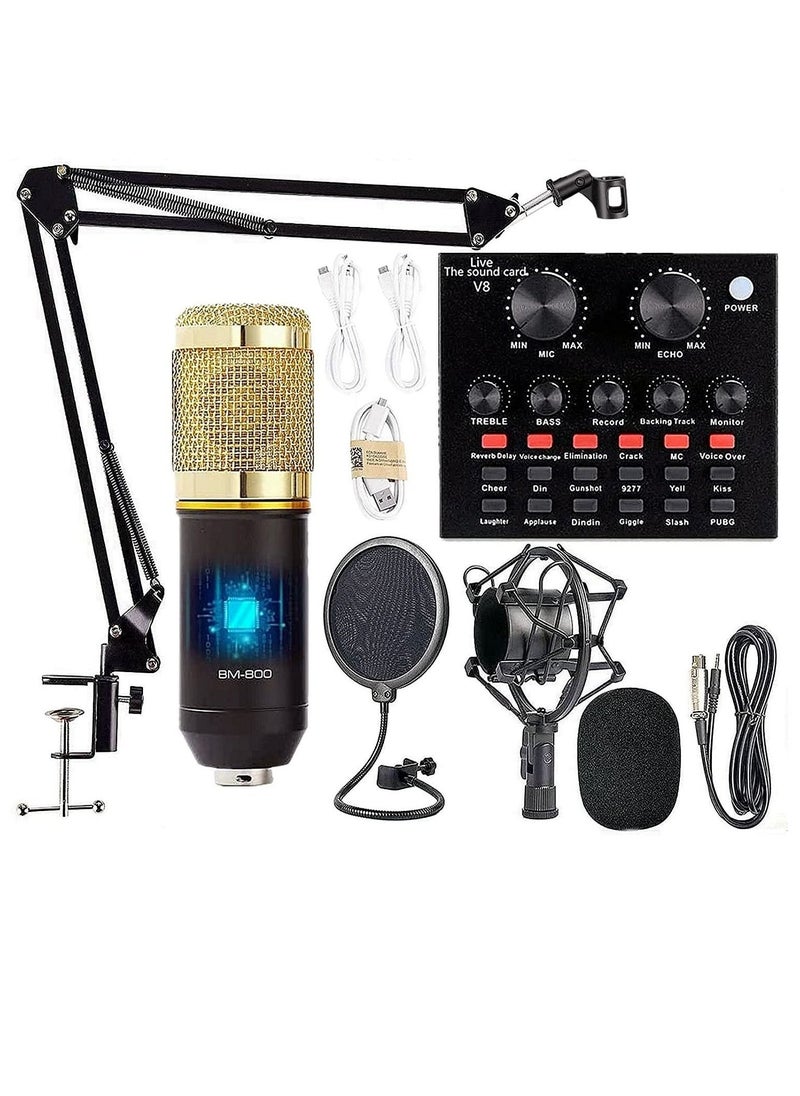 Podcast Equipment Bundle, BM-800 Mic Kit with Live Sound Card, Adjustable Mic Suspension Scissor Arm, Metal Shock Mount and Double-Layer Pop Filter for Studio Recording & Broadcasting (Gold)