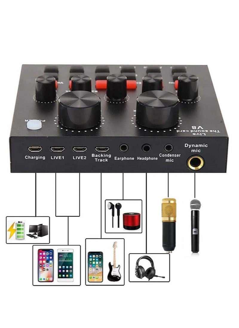 Podcast Equipment Set, BM-800 Mic Kit with V8 Live Sound Card, Condenser PC Gaming Mic with Professional Audio Mixer, Prefect for Streaming, Computer, Singing, Youtube, Recording (BLACK)