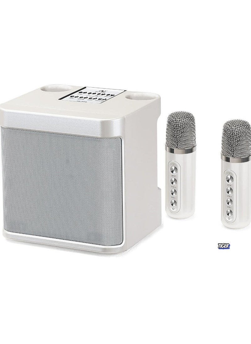 Rechargeable Speaker and Microphone Set | 1pc HD Sound Speaker & 2pcs Voice Changing Microphones Set | Portable High-Quality Deep Bass Stereo Soundbox (Beige) | Ideal for Karaoke, Parties, and Events