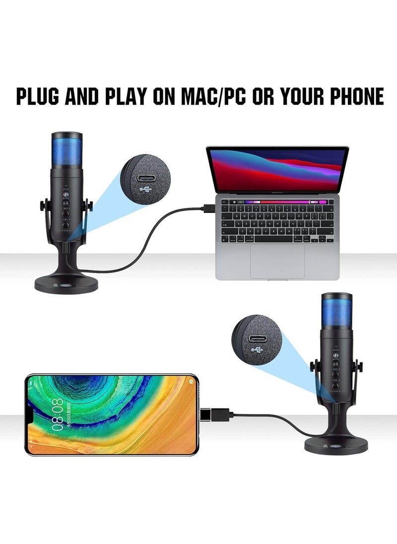 High-Quality Gaming Microphone – Condenser USB Mic with RGB Control, One-Touch Mute for PC, Laptop, PS4/PS5, Twitch & YouTube Streaming – Crystal Clear Audio, Adjustable Stand, Plug & Play