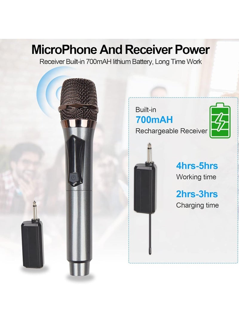 Wireless Microphone, UHF Dual Cordless Metal Dynamic Mic System with Rechargeable Receiver – 200 ft Range, Auto Connect for Karaoke, Church, Speech, Wedding, Party, Singing & More