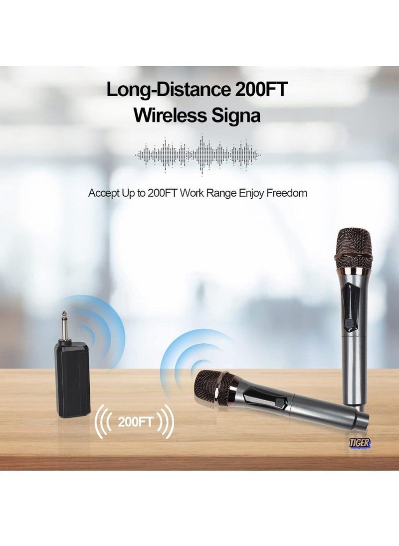 Wireless Microphone, UHF Dual Cordless Metal Dynamic Mic System with Rechargeable Receiver – 200 ft Range, Auto Connect for Karaoke, Church, Speech, Wedding, Party, Singing & More