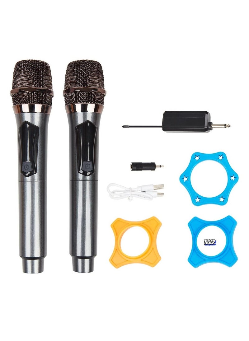 Wireless Microphone, UHF Dual Cordless Metal Dynamic Mic System with Rechargeable Receiver – 200 ft Range, Auto Connect for Karaoke, Church, Speech, Wedding, Party, Singing & More