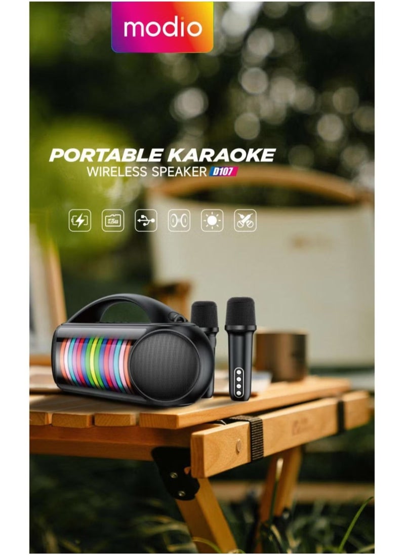 D107 Portable Wireless Speaker with Karaoke DJ Laser Light & Dual Mics – High-Quality Sound, Bluetooth Connectivity, Ideal for Parties and Events