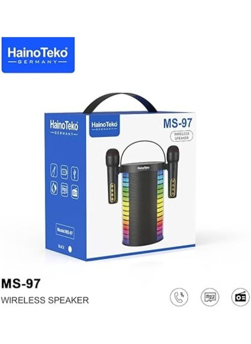 Germany MS97 Bluetooth Wireless Speaker with Wireless Microphone – Original High-Quality Sound, Portable, Ideal for Karaoke, Parties, Outdoor Events, and Home Use