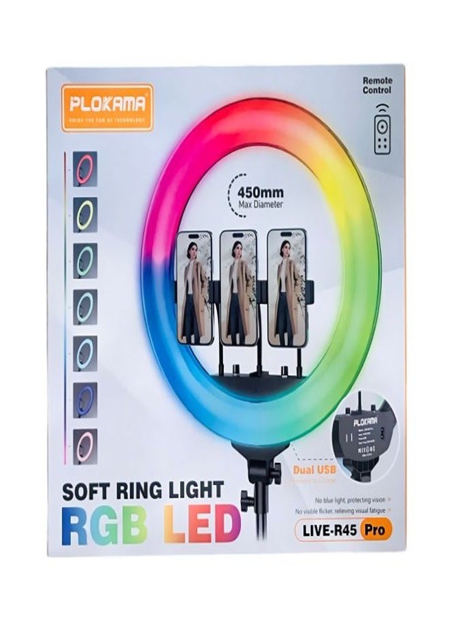 The Plokama R45 Pro Soft LED RGB Ring Light is a remarkable tool designed for professional photography enthusiasts. With a generous 17.5-inch diameter, this ring light provides even and flattering illumination, perfect for all types of shooting conditions.