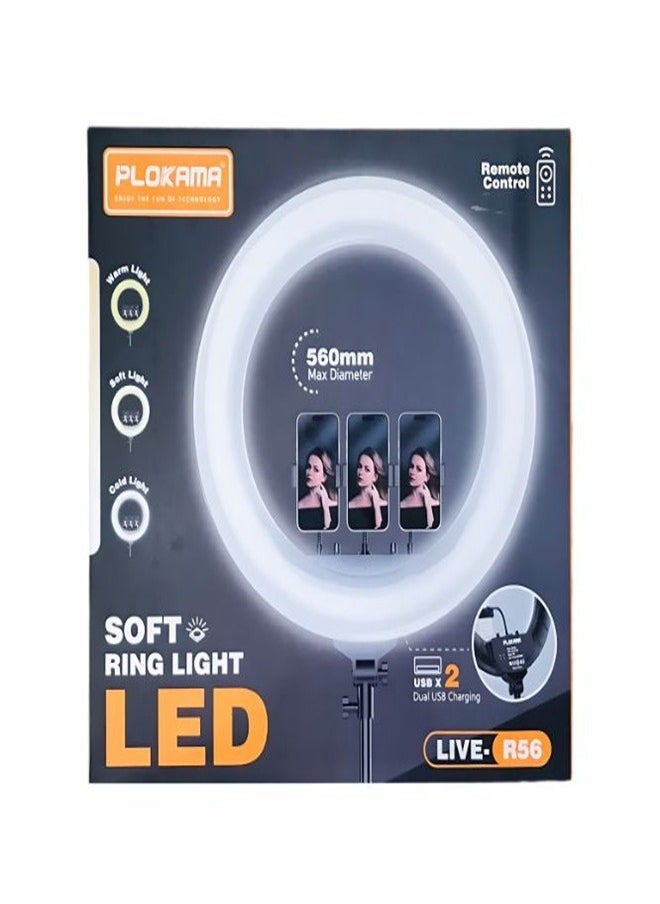 Soft LED Ring light 22inch Plokama R56 Transform your photography and video with the Plokama R56 Soft LED Ring Light. This 22 inch Ring Light is perfect for photographers and videographers seeking adjustable brightness for the perfect shot every time. Enhance your creative projects today!