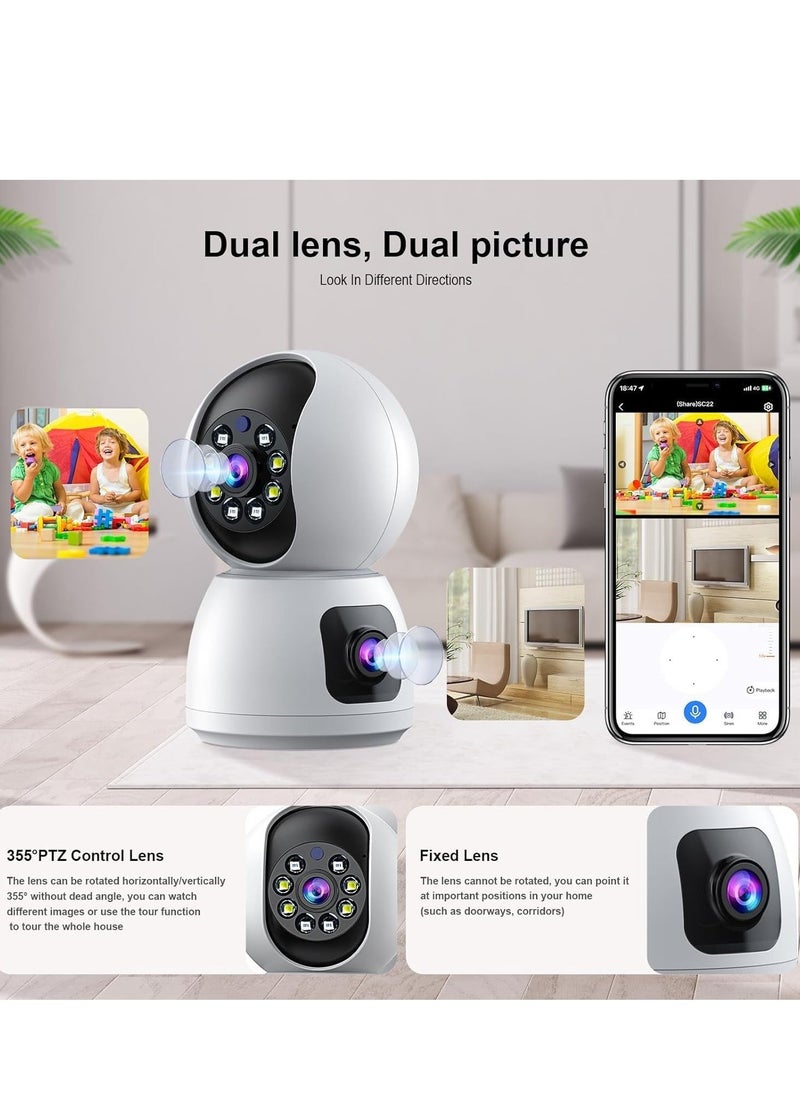 Dual Lens Indoor Security Camera – 360° Rotation, WiFi Wireless Smart Security Camera with Motion Tracking, Extended Viewing Angle, Dual Screen, Audio, and Mobile Alerts – Enhanced Home Monitoring and Protection