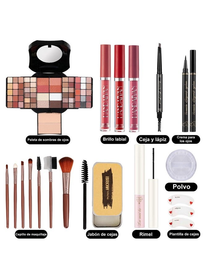 All In One Makeup Kit For Women Includes 54 Color Eyeshadow Palette Eyeliner Mascara Makeup Brushes Liquid Lipstick Eyebrow Soap (013Black)