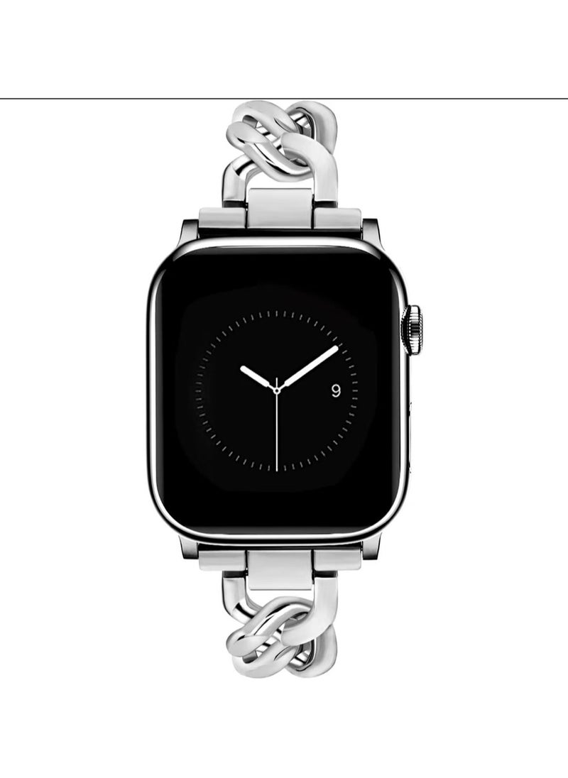 Silver Chain 38/40/41mm Universal Compatible With Apple Watch, Suitable For Men And Women, Metal Denim Chain Watch Strap Wristband Compatible With Iwatch Series