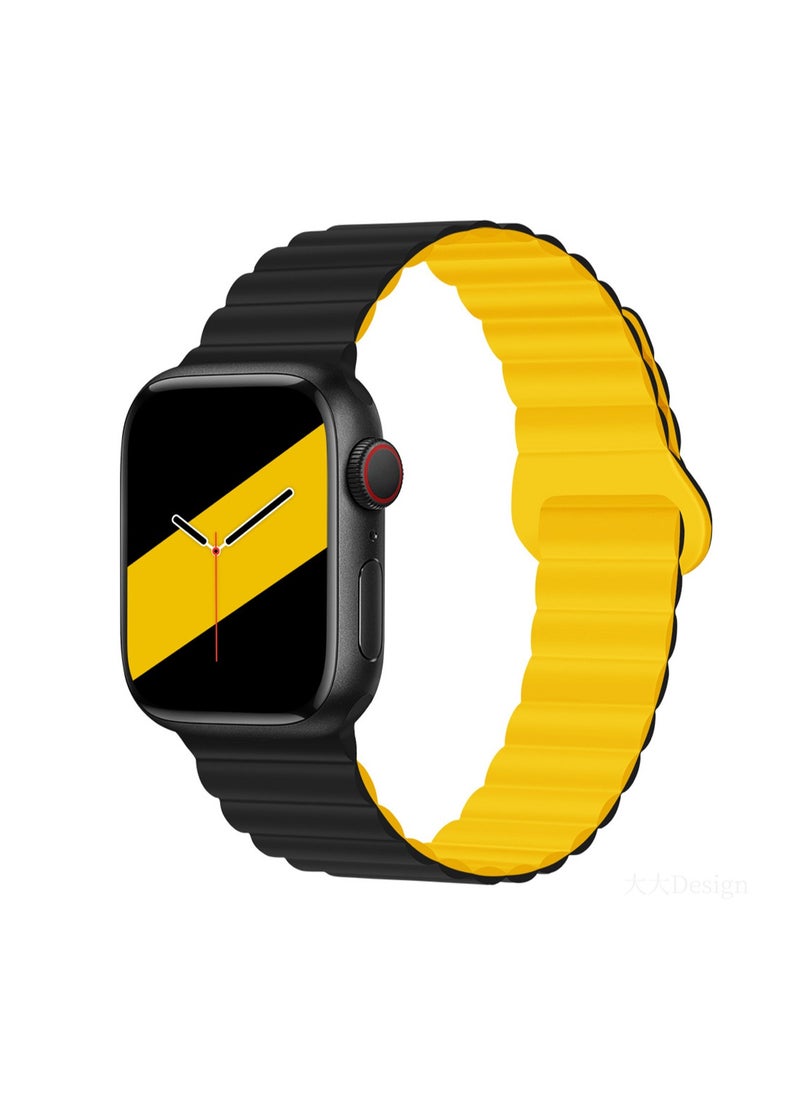 Black And Yellow 38/40/41/10th Generation 42mm Universal Compatible With Apple Watch, Suitable For Both Men And Women, Second Generation Two-Color Buckle Silicone Magnetic Watch Strap Wristband Compatible With Iwatch Series