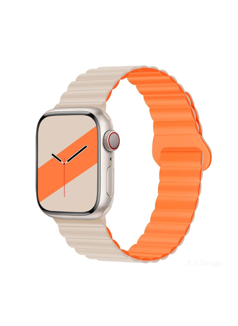 White And Orange 38/40/41/10th Generation 42mm Universal Compatible With Apple Watch, Suitable For Both Men And Women, Second Generation Two-Color Buckle Silicone Magnetic Watch Strap Wristband Compatible With Iwatch Series