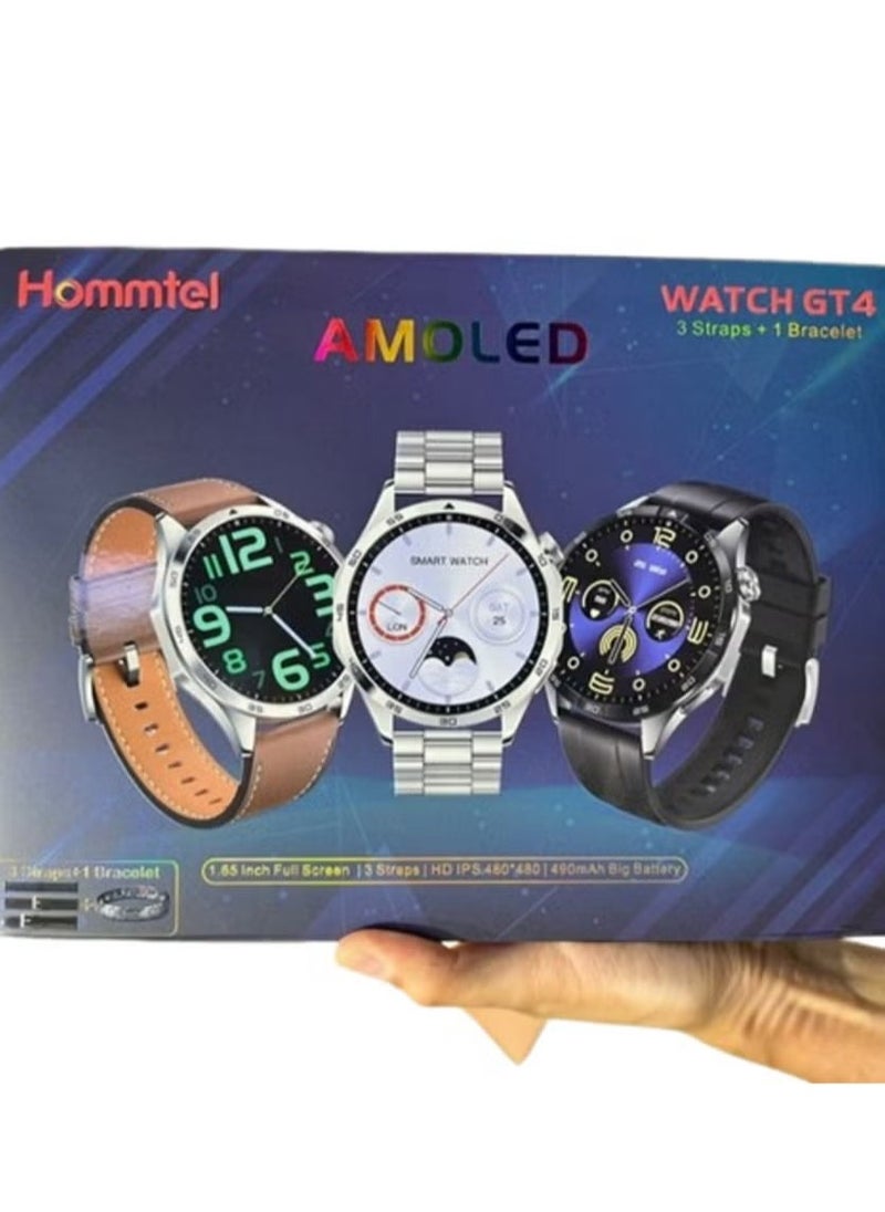 Watch GT4 New Model – 1.65 Inch HD AMOLED Display, IP68 Waterproof, Fitness Tracker with Heart Rate Monitor, Sleep Tracking, Smart Notifications, 3 Stylish Interchangeable Straps for Men & Women – Perfect for Sports, Fitness, and Everyday Wear