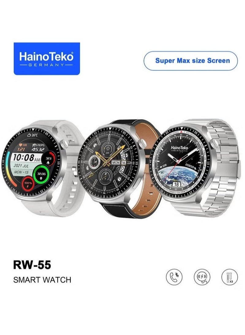 RW 55 Smart Watch with Super Max Curved AMOLED Display, 3 Pair Straps, Charging Cable for Men – Premium Fitness Tracker, Heart Rate Monitor, Sleep & Activity Tracker, Black Edition