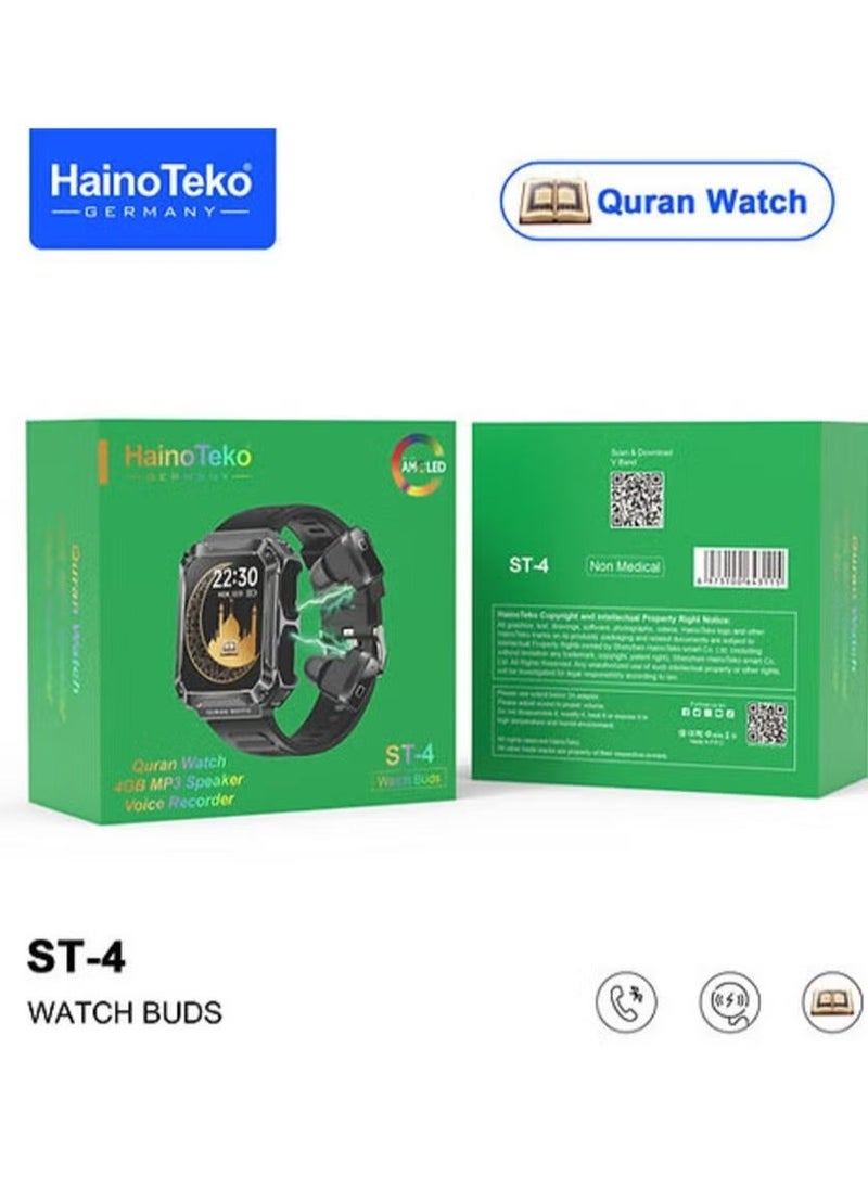 ST4 Smart Watch Buds with Quran Full 114 Chapters, 4GB MP3 Speaker for Men and Boys – Multifunctional Smartwatch with Music Playback, Fitness Tracker, and Bluetooth Earbuds