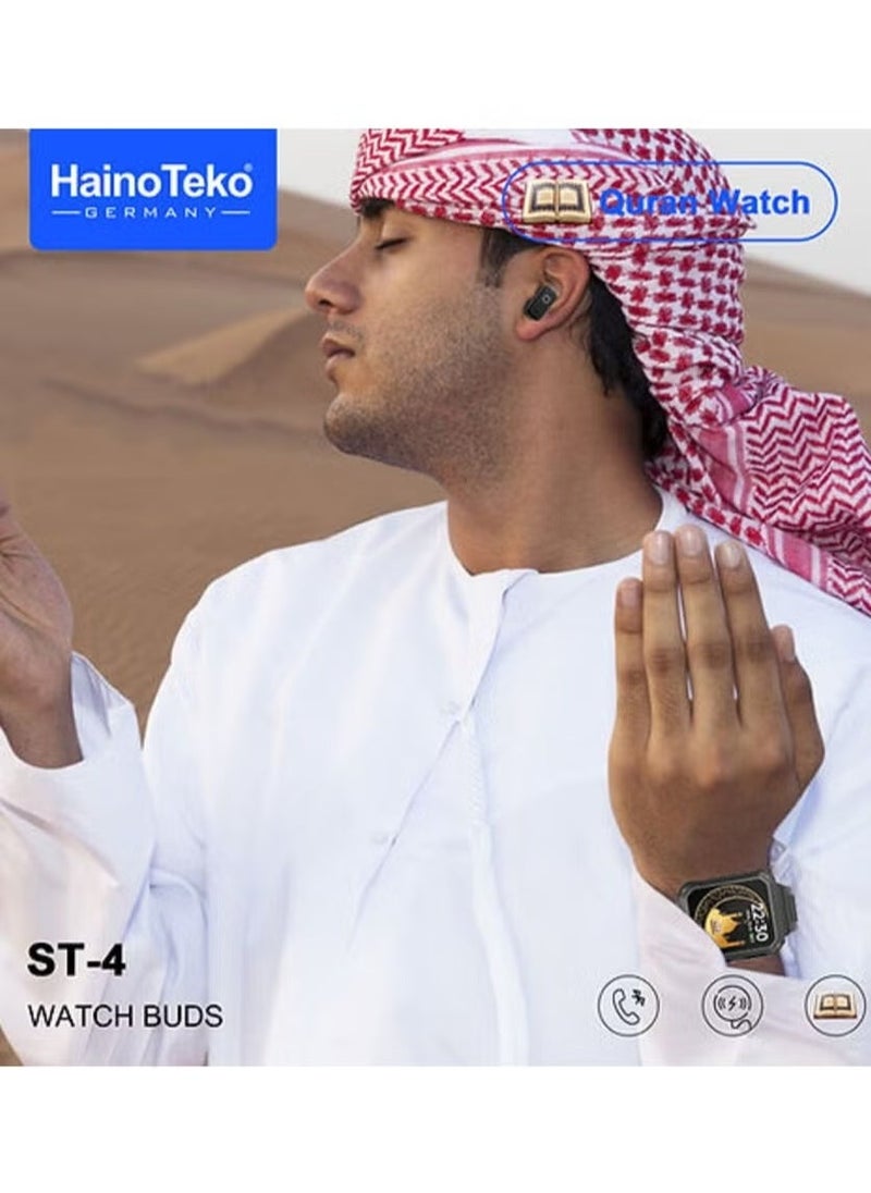 ST4 Smart Watch Buds with Quran Full 114 Chapters, 4GB MP3 Speaker for Men and Boys – Multifunctional Smartwatch with Music Playback, Fitness Tracker, and Bluetooth Earbuds