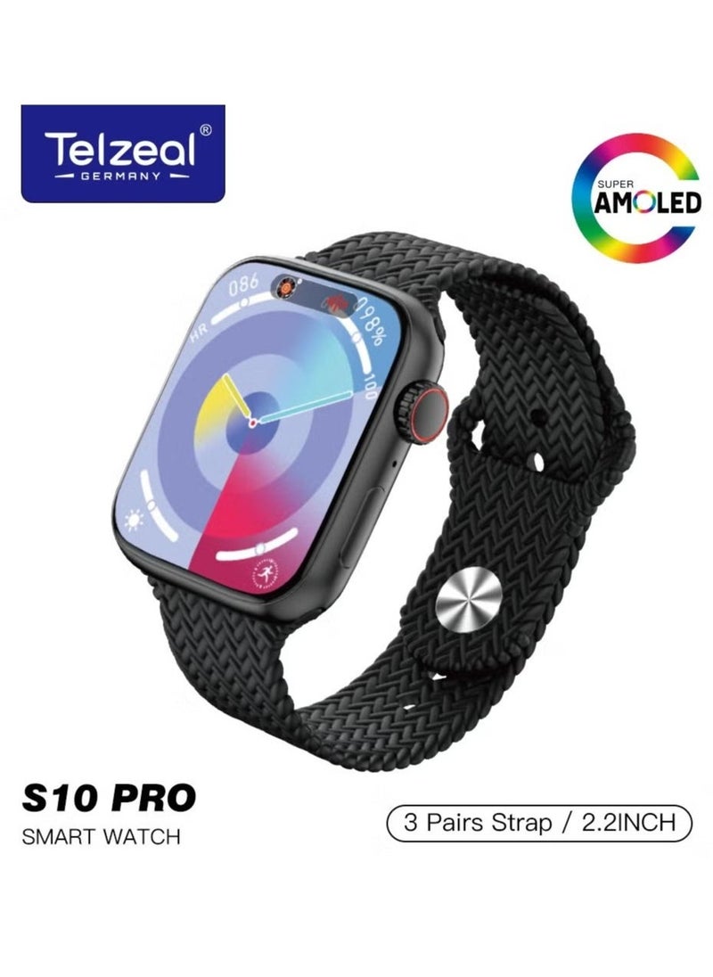 S10 Pro AMOLED Display Smart Watch with 3 Pairs of Straps, Wireless Charger – Stylish, High-Resolution Display, Fitness Tracking, Heart Rate Monitoring, and More – Black