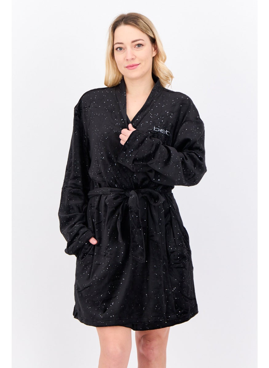 Women Textured Belted Bath Robe, Black