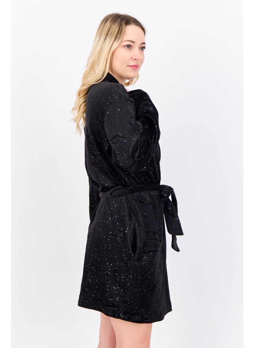 Women Textured Belted Bath Robe, Black