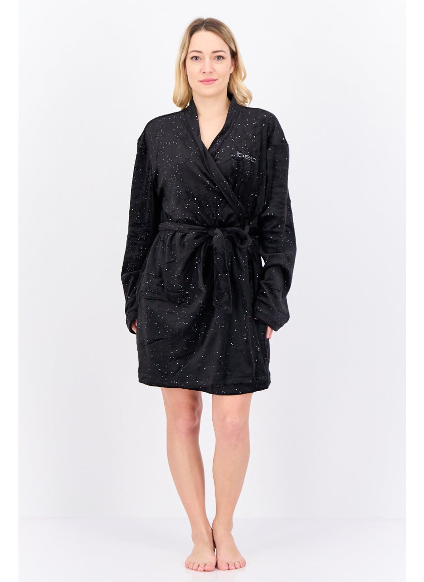 Women Textured Belted Bath Robe, Black