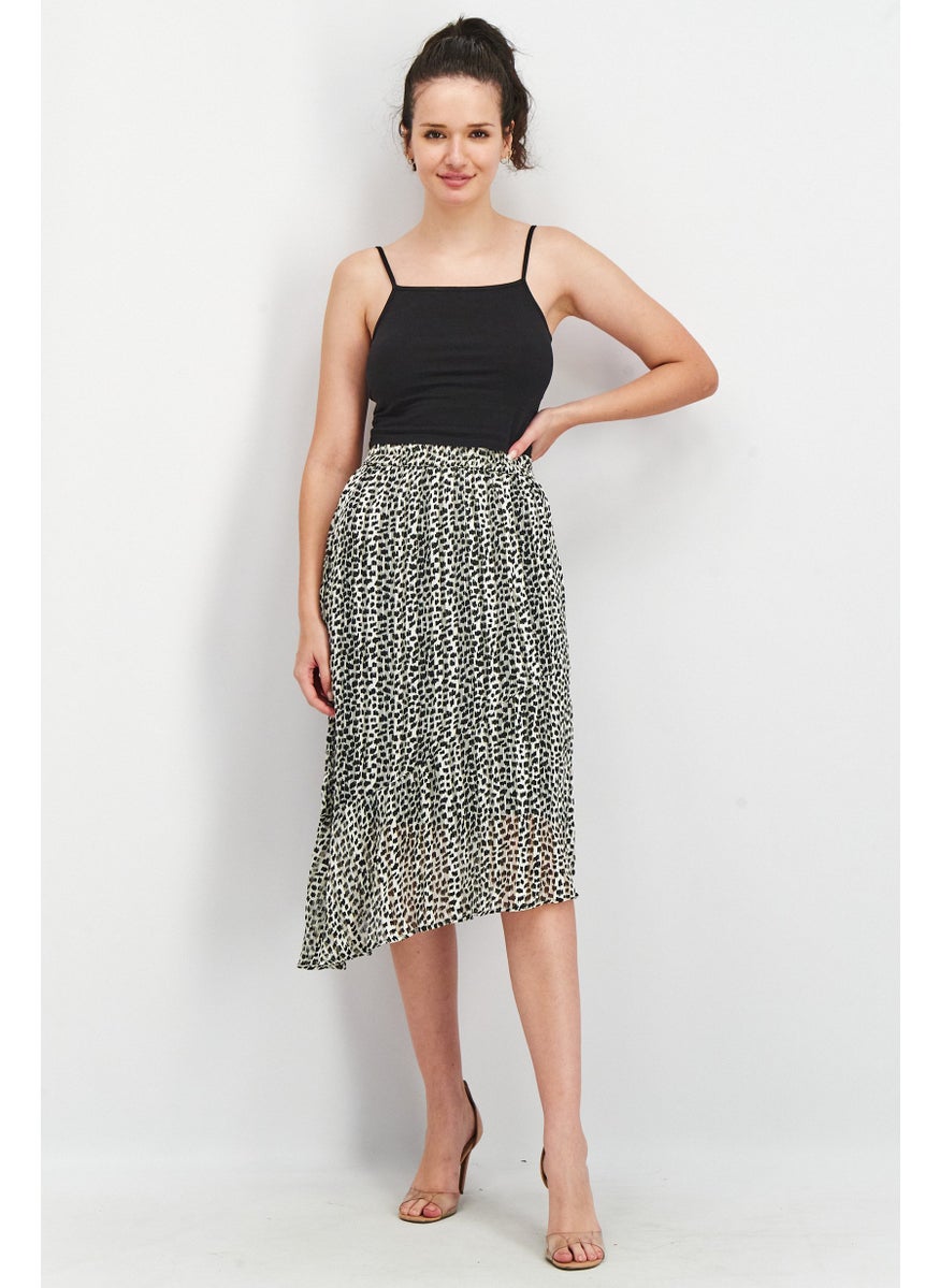 Women Allover Print Midi Skirt, Black Combo
