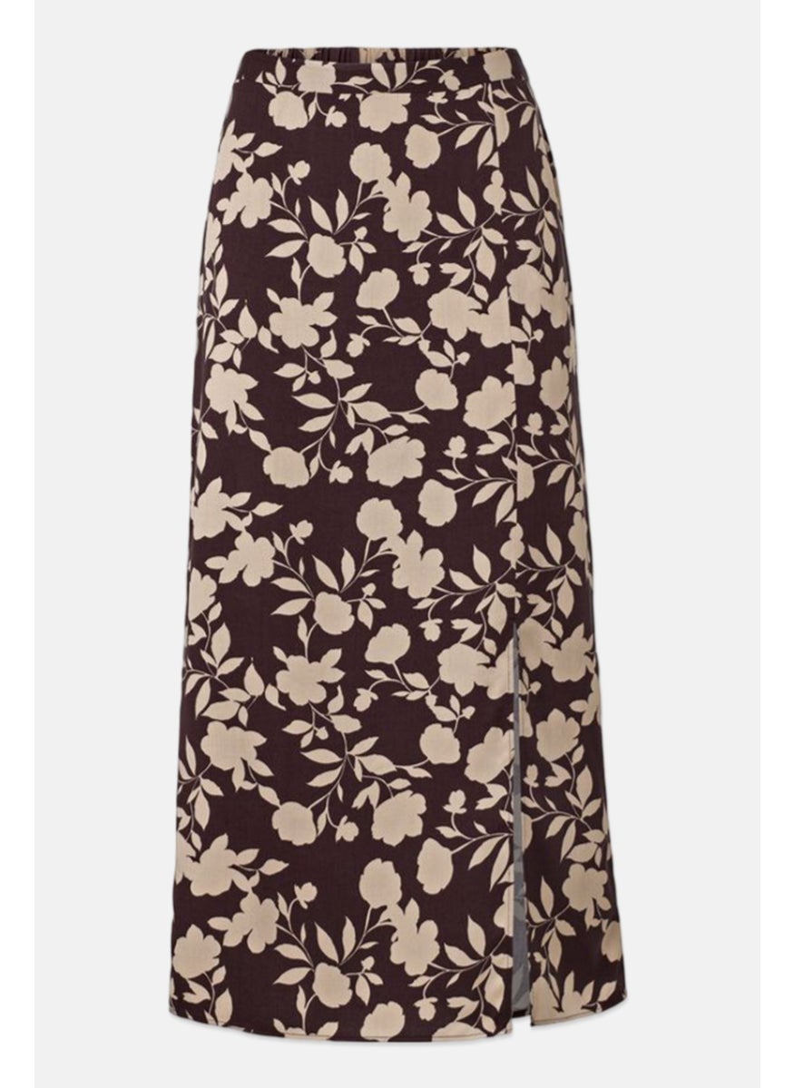 Women Allover Printed Midi Skirt, Brown Combo