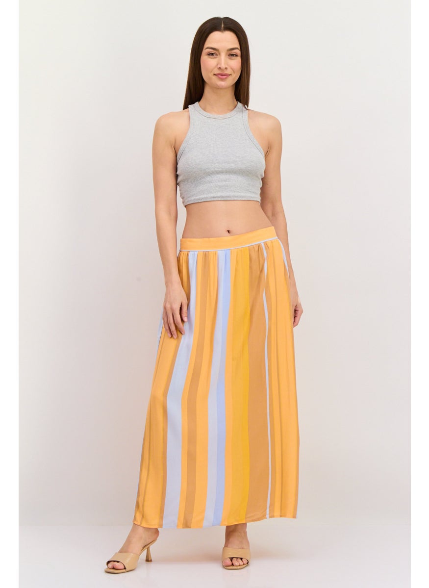 Women Striped Maxi Skirt, Orange Combo