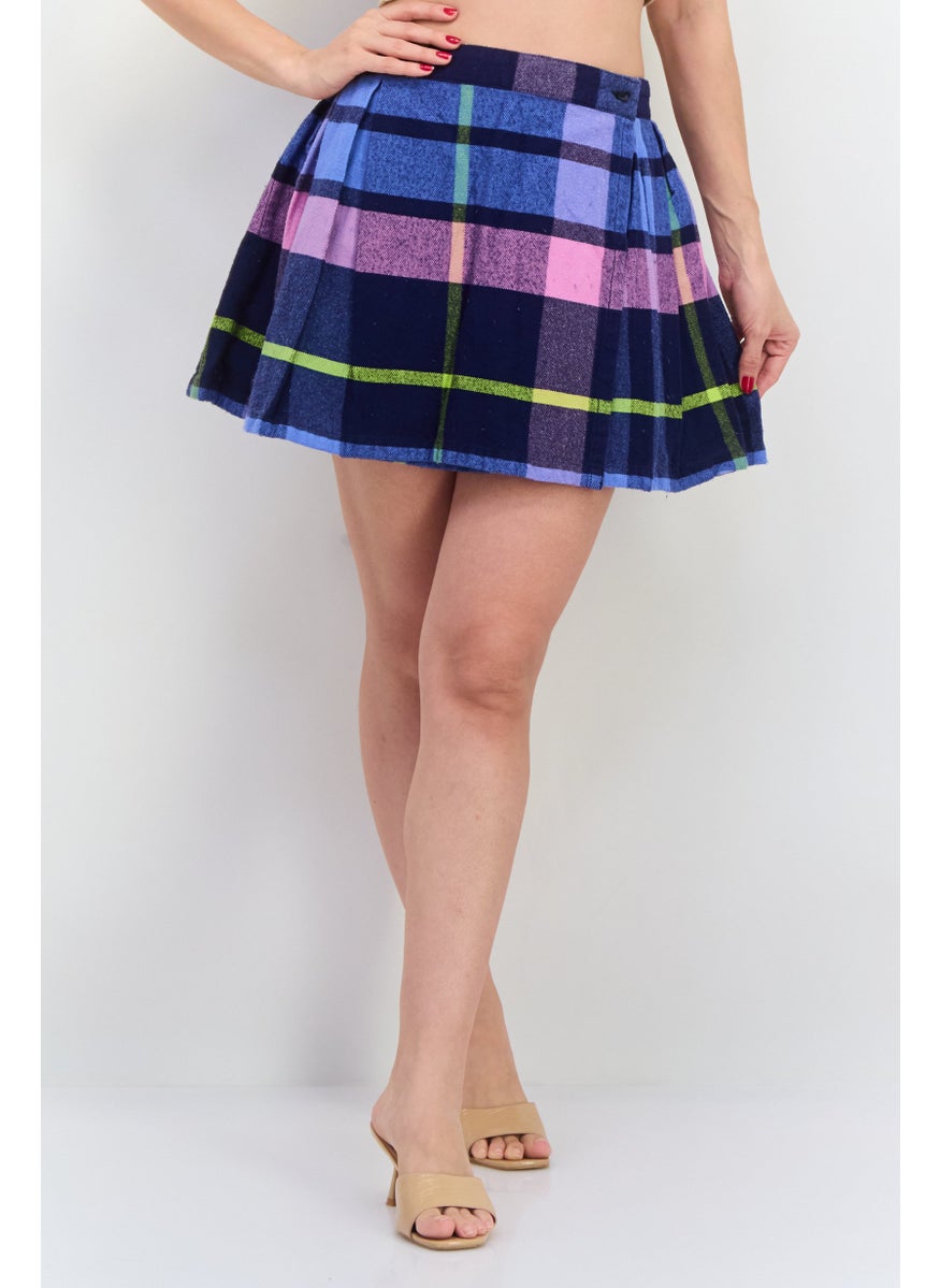 Women Plaid Pleated Skirt, Navy