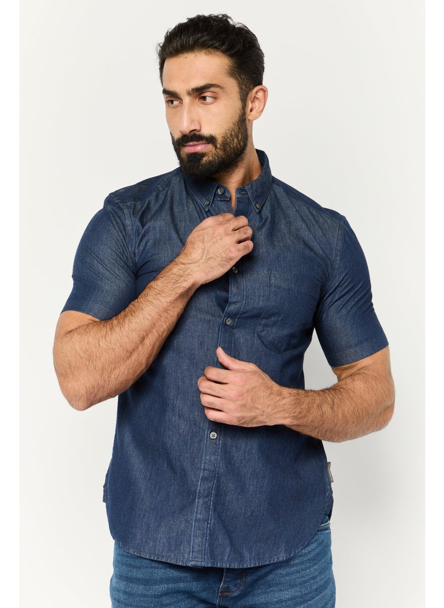 Men Regular Fit Solid Short Sleeves Casual Denim Shirt, Blue