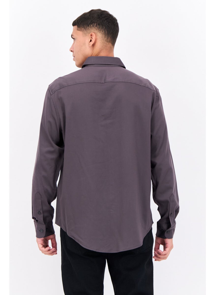 Men Regular Fit Solid Long Sleeves Casual Shirt, Dark Grey